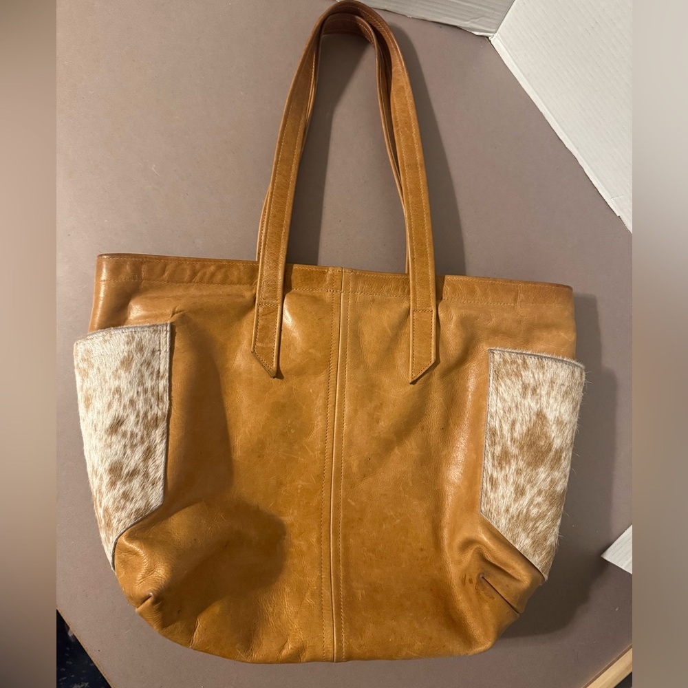 Leather Tote with Haircalf Accent - Tan